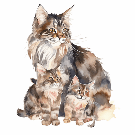 Maine Coon mother with kittens, image set, 10 images