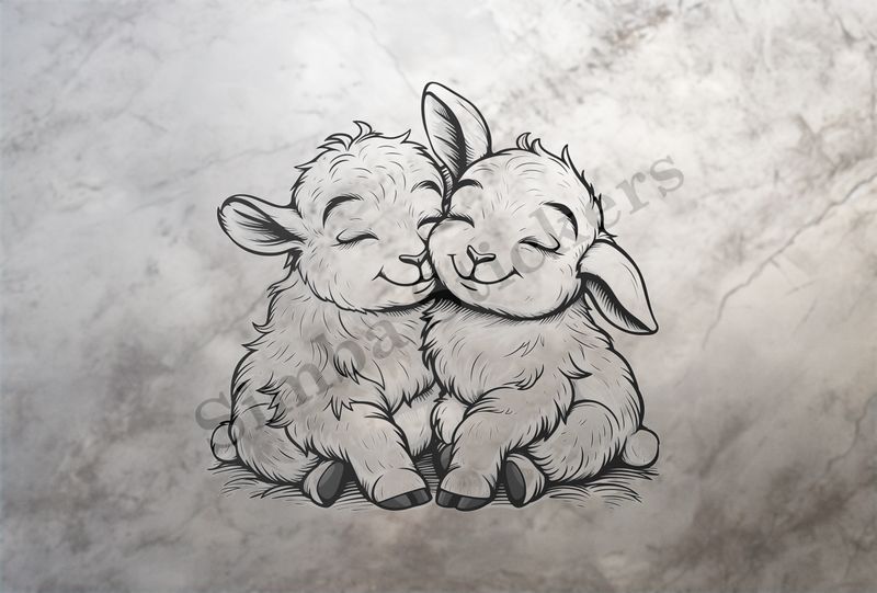 Goat kids in love cheek-to-cheek, outline art