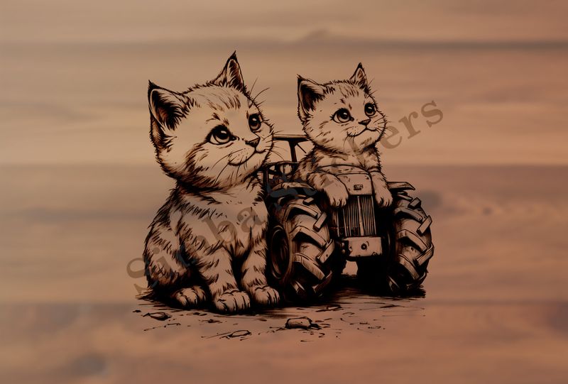 Cats by a tractor, romantic, outline art