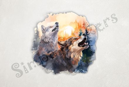 Wolves howling at the moon at sunset