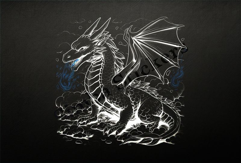 Dragon breathing fire, cloudy background, outline art