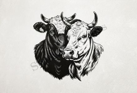 Cattle, one white, one black, cheek-to-cheek, heart in picture, outline art