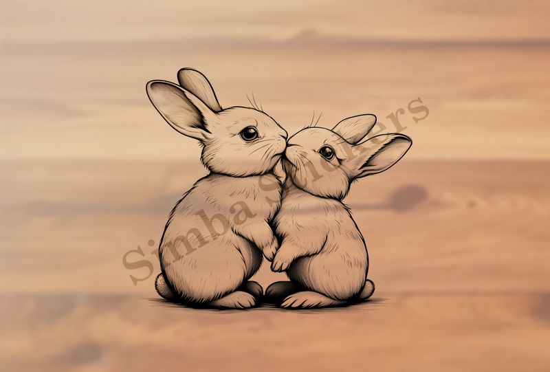 Bunnies nose-to-nose  in love, outline art