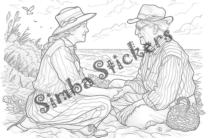 Colouring pages, bundle of people, grandparents in love at picnic, 25 images