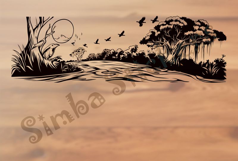 Equatorial Rainforest landscape, bird watching birds flying, outline art