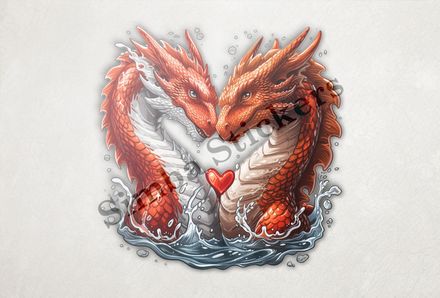 Red dragons in love, in the water, romantic hearts