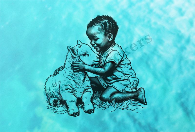 Lamb hugged by happy little boy of African origin, outline art