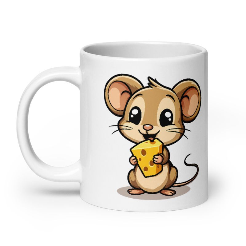 White Glossy Mug, 20oz, Small Mouse happily licking large chunk of cheese, pqapy6