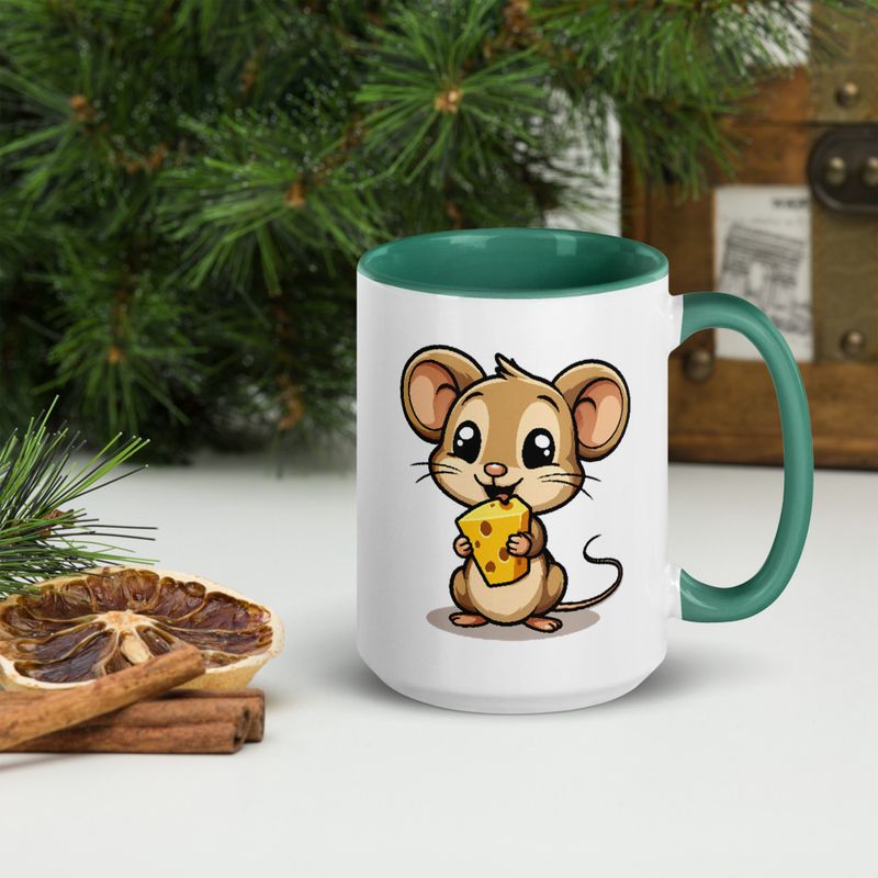 White Ceramic Mug with Color Inside,11&amp;15oz,Small Mouse happily licking large chunk of cheese,pqapy6