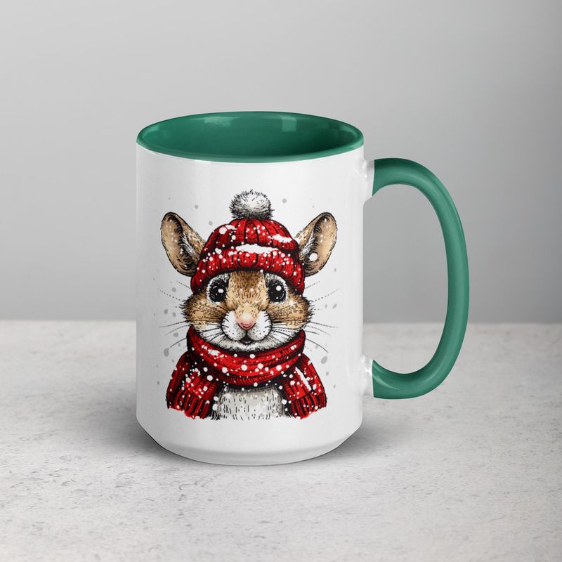White Ceramic Mug with Color Inside, 11&amp;15oz, Mouse wearing red winter hat and scarf in snow, xg8dl3