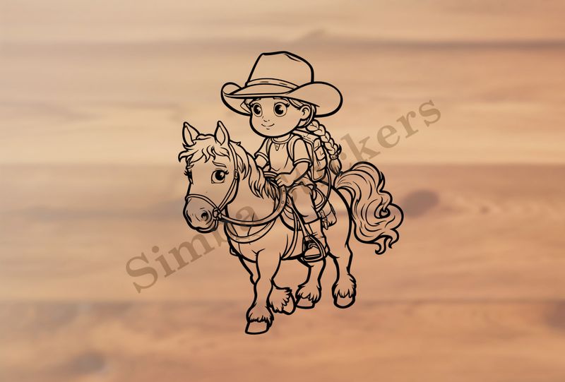 Horse being ridden by a small girl in a cowgirl hat, outline art