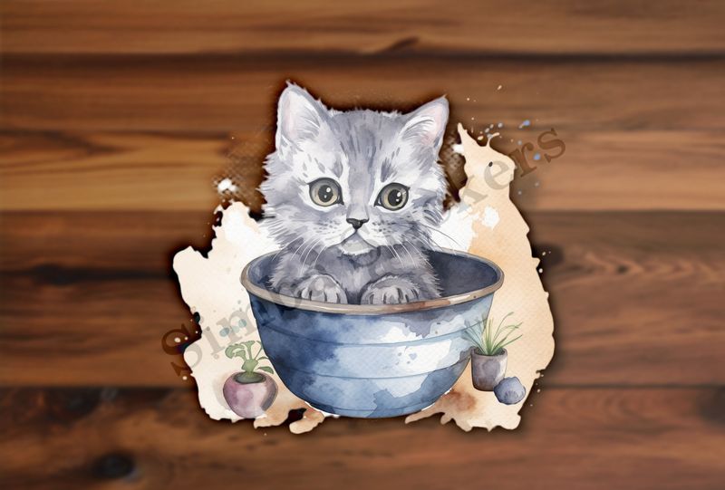 Kitten cat in bowl, watercolour