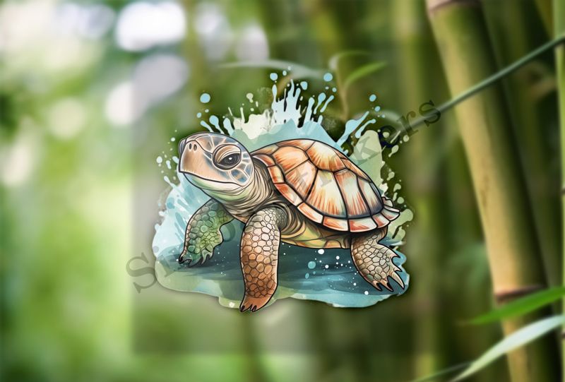 Tortoise walking and splashing, watercolour