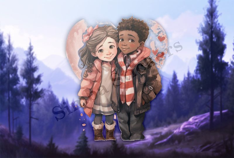 Boy and girl with arms around each other, watercolour