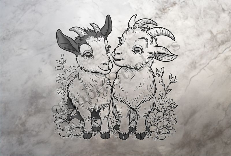 Goat kids in love, with flowers, outline art