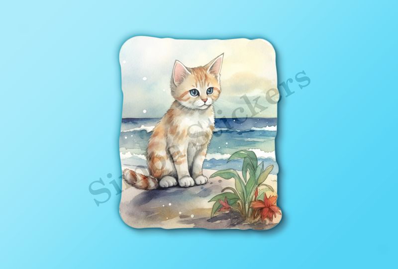 Cat, on the beach, next to flowers, watercolour