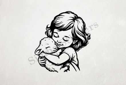 Small lamb cheek-to-cheek in amrs of little girl , outline art