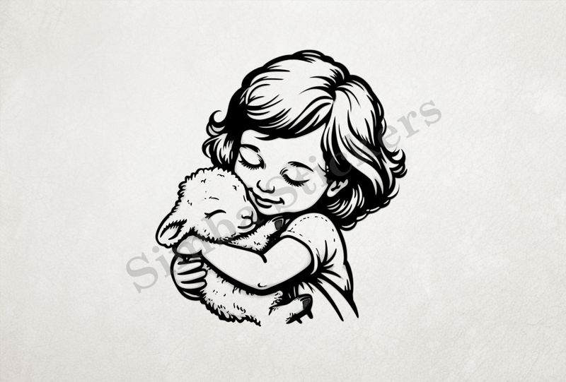Small lamb cheek-to-cheek in amrs of little girl , outline art