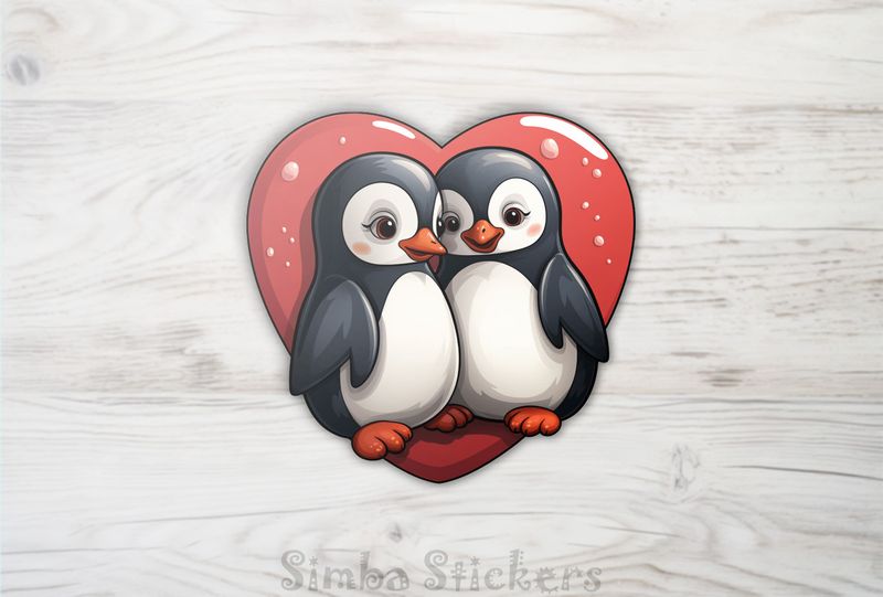 Penguins cheek-to-cheek smiling with glossy Valentine&#x27;s heart, 7r47dp