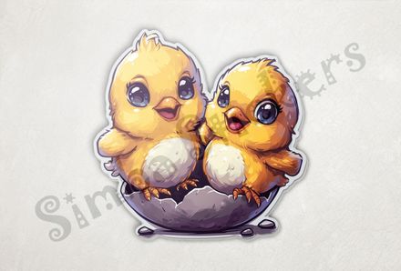 Happy Chick twins standing on eggshell
