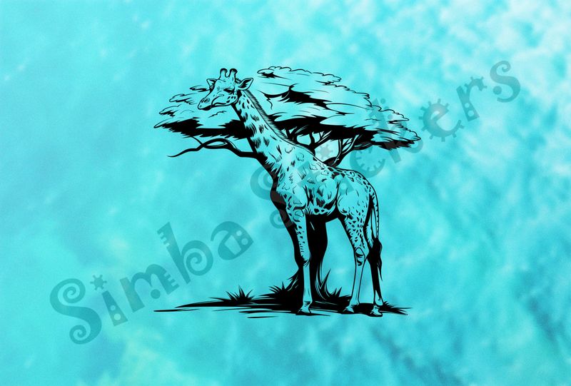 Giraffe in front of tree in the Savanna, outline art