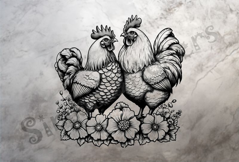 Hen and rooster chicken in love, over flowers