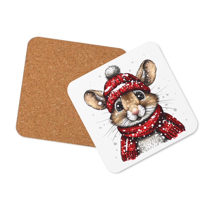 Cork-Back Coaster, Mouse wearing red winter hat and scarf in the snow, xg8dl3, mirrored