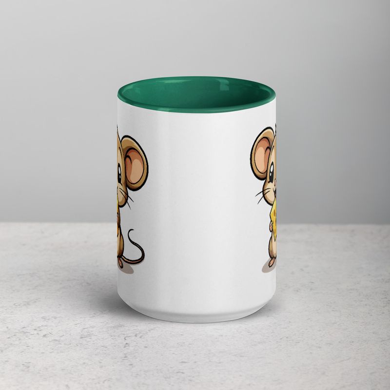 White Ceramic Mug with Color Inside,11&amp;15oz,Small Mouse happily licking large chunk of cheese,pqapy6