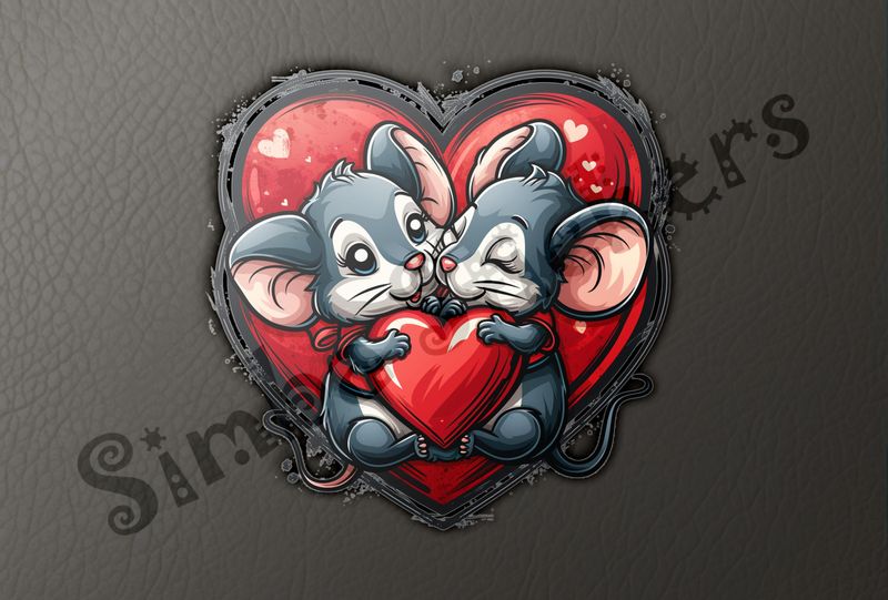 Mice in love cutely holding onto smaller Valentine&#x27;s heart tightly, inside larger heart, 3o6ler