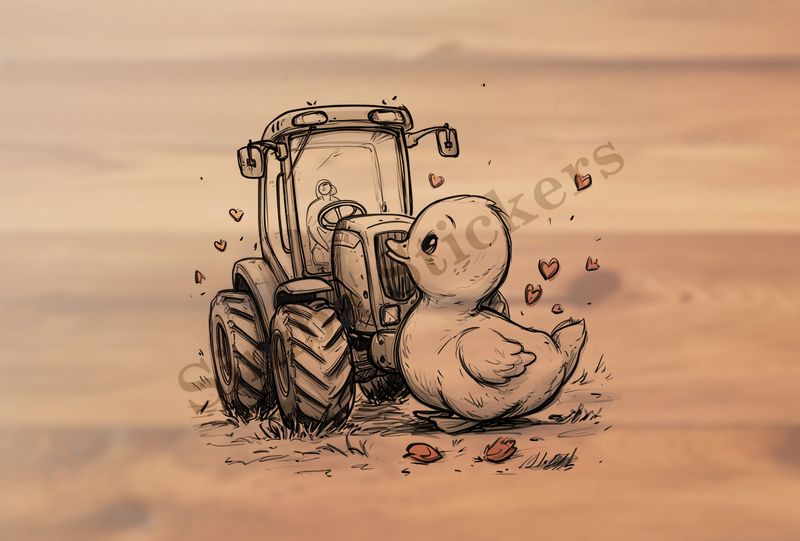 Duckling glancing lovingly at farmer&#x27;s tractor, outline art