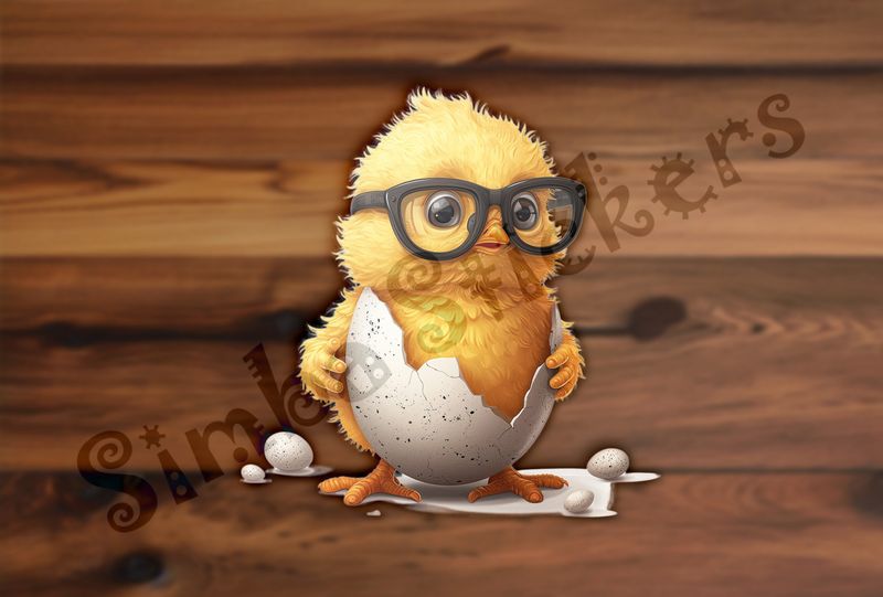 Chick in glasses still in eggshell on hatchday