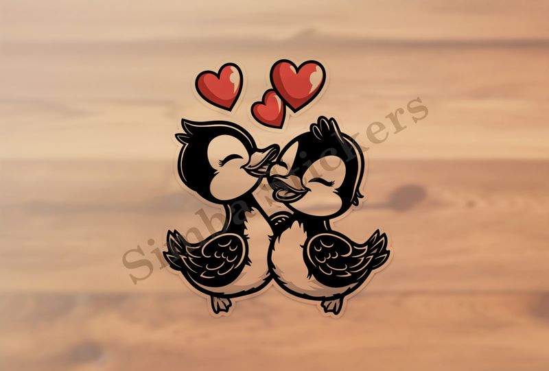 Ducklings in love, romantic hearts above them, outline art