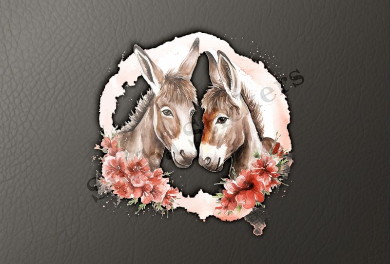 Small donkeys in love, flowers all around, watercolour