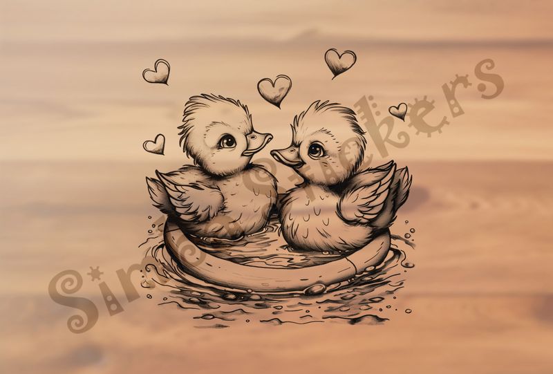 Ducklings in a ring in a pond, romantic hearts, outline art