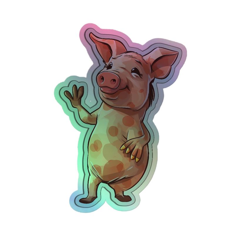 Kiss-Cut Holographic Stickers,  Standing pig waving, multiple sizes, mirrored
