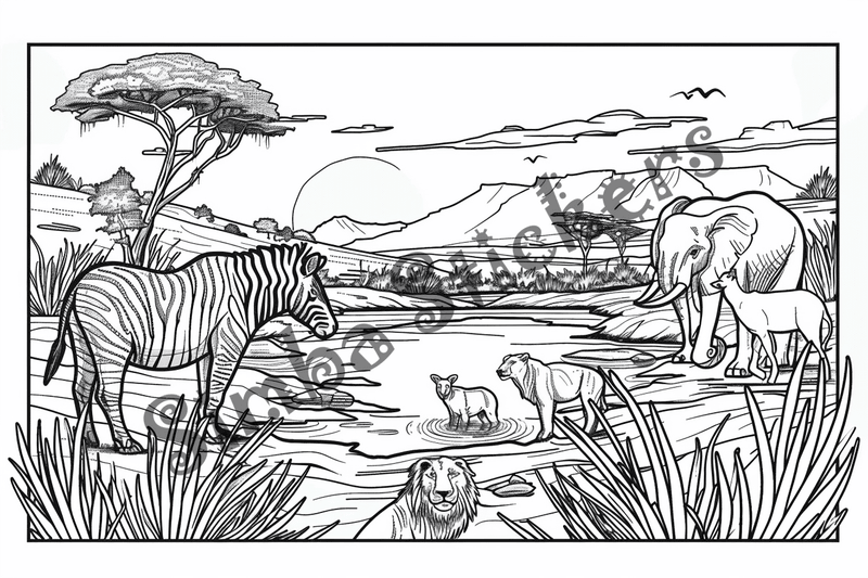 Colouring pages, bundle of African Savanna landscape, 25 images