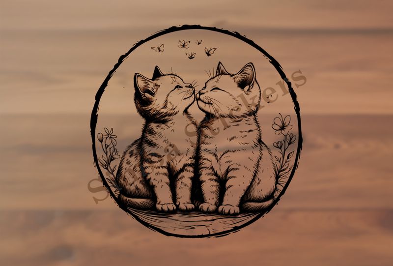 Cat kittens in love, in circle, outline art