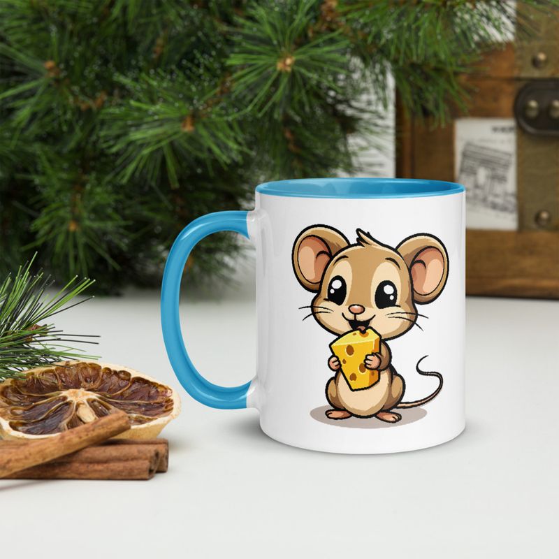 White Ceramic Mug with Color Inside,11&amp;15oz,Small Mouse happily licking large chunk of cheese,pqapy6