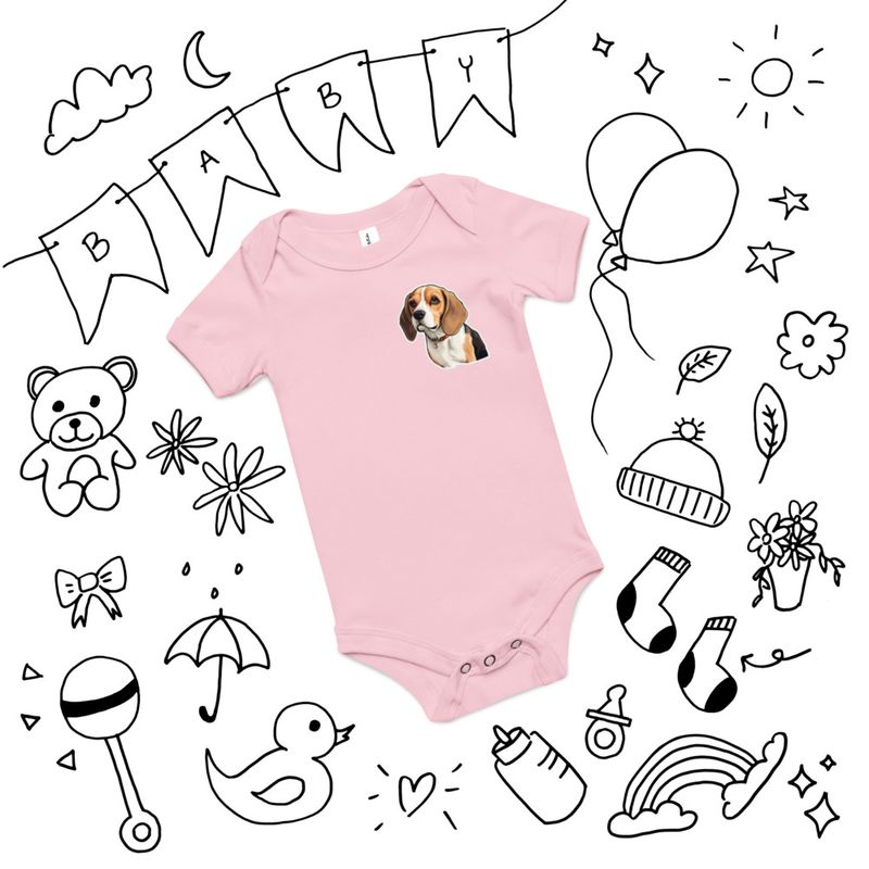 Baby Short Sleeve One Piece, 3-24 Months, Beagle dog with collar, left chest 