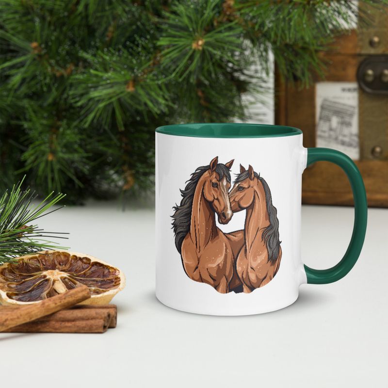 White Ceramic Mug with Color Inside, 11&amp;15oz, Two brown horses snuggling, tdwcyd