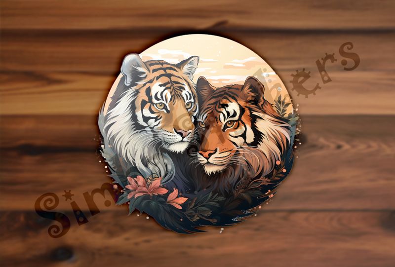 Tigers in love in dark leaves
