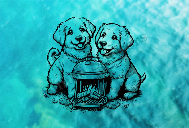 Dogs cuddling by a charcoal grill, outline art, dn8if9