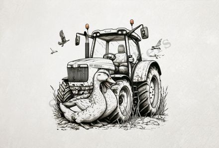Ducks cuddling in front farmer&#x27;s tractor, under other birds, outline art