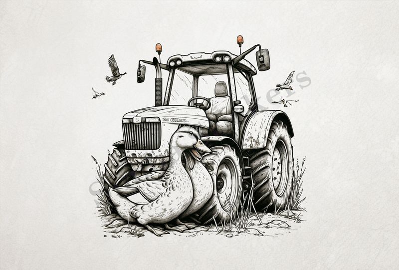 Ducks cuddling in front farmer&#x27;s tractor, under other birds, outline art