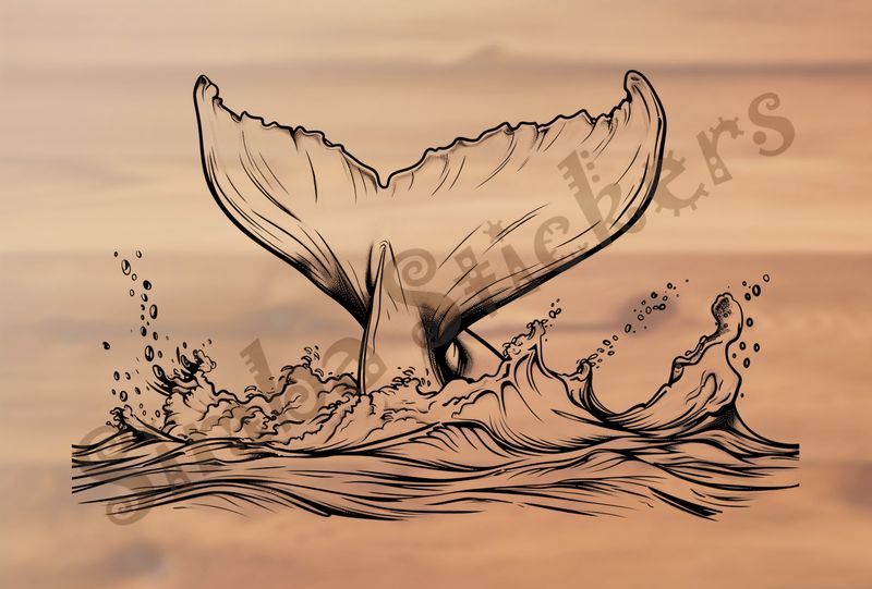 Whale lobtailing, making a big splash, outline art