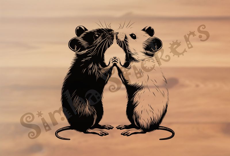 Mice nose-to-nose, holding hands, tails coiled,  outline art