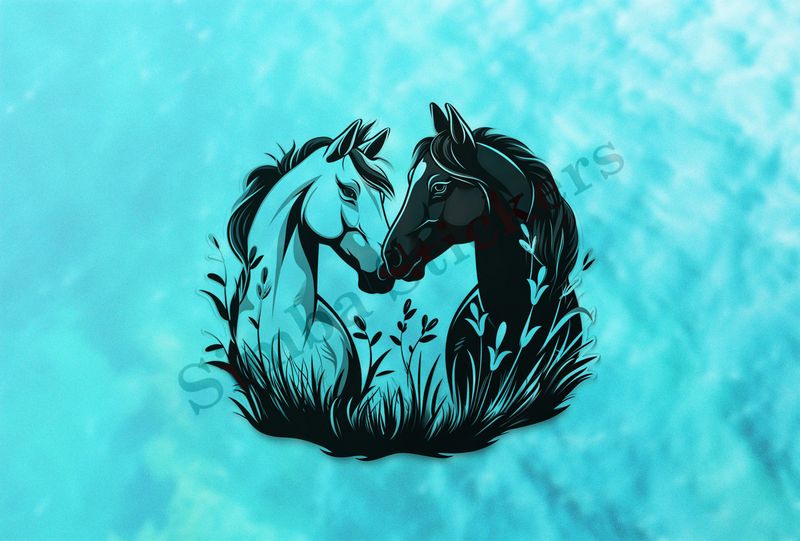 Horses in love, black and white, bust, in heart frame, outline art
