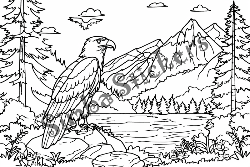 Colouring pages, bundle of eagles flying or in mountains, 10 images