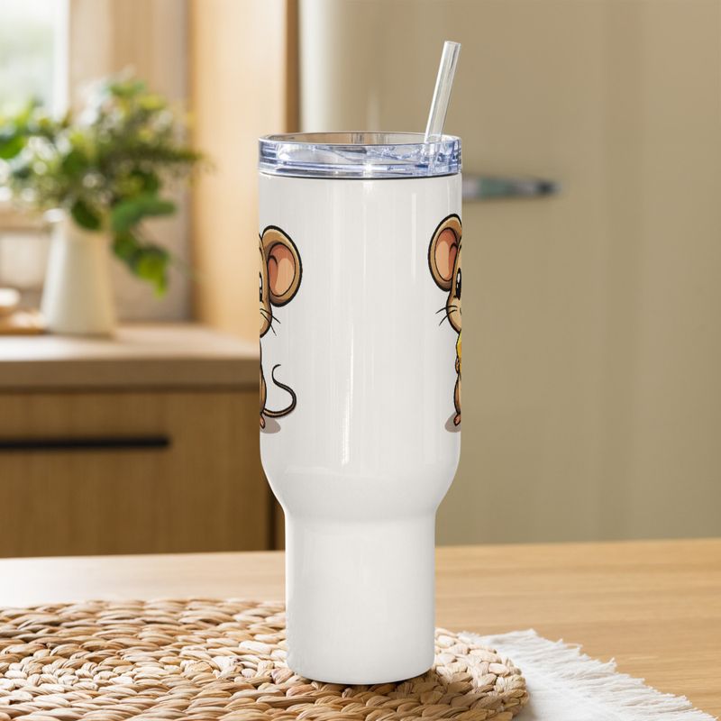 Travel Mug, Cattle, Small Mouse happily licking large chunk of cheese, pqapy6