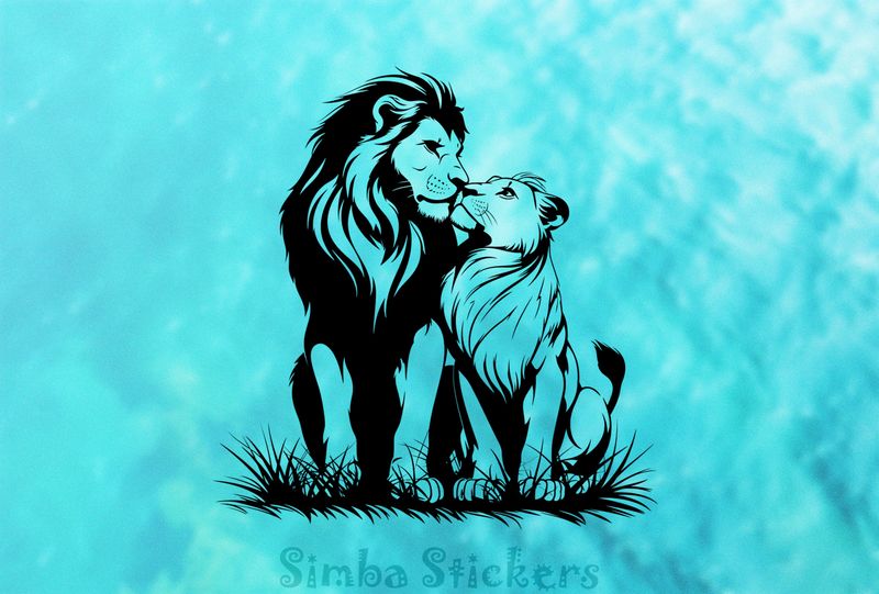 Male with lioness nose-to-nose affectionately, outline art, xdodat